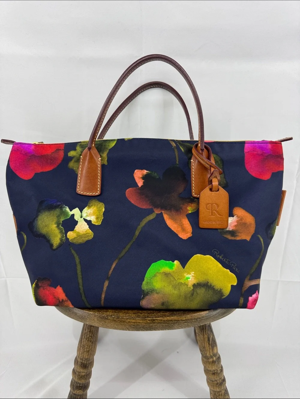 Roberta Pieri Robertina Navy Floral Classic Mini Tote Bag Italian Shoulder Purse
